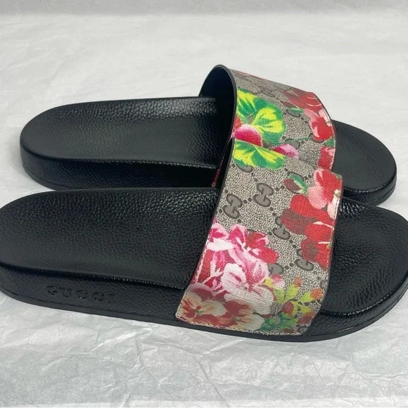 Gucci GG Supreme Blooms Floral Slides Black Pink Monogram Sandals Women’s 40 - Picture 5 of 13